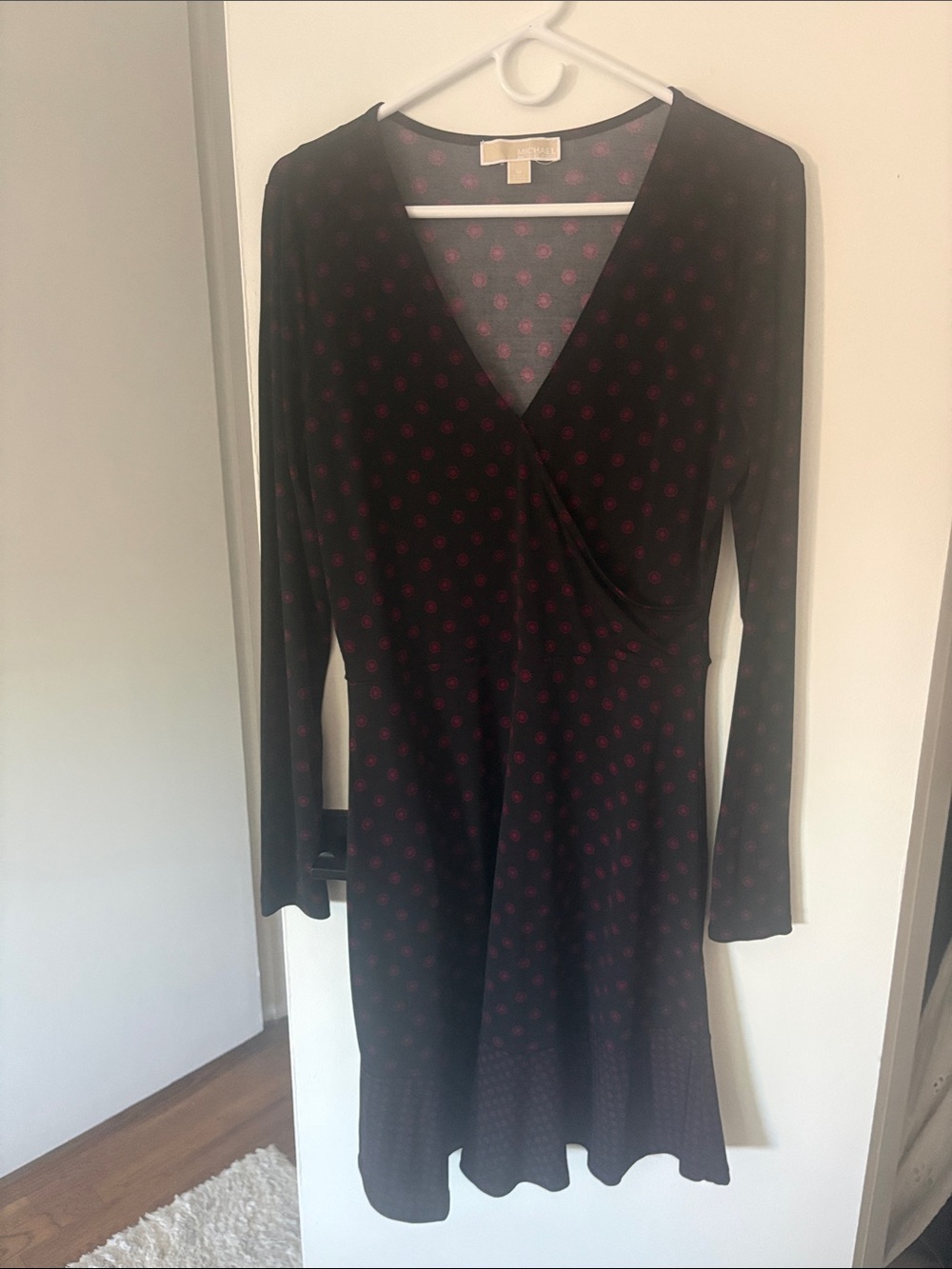 Michael Kors Black Long-Sleeve Wrap Dress with Pink Dot Print